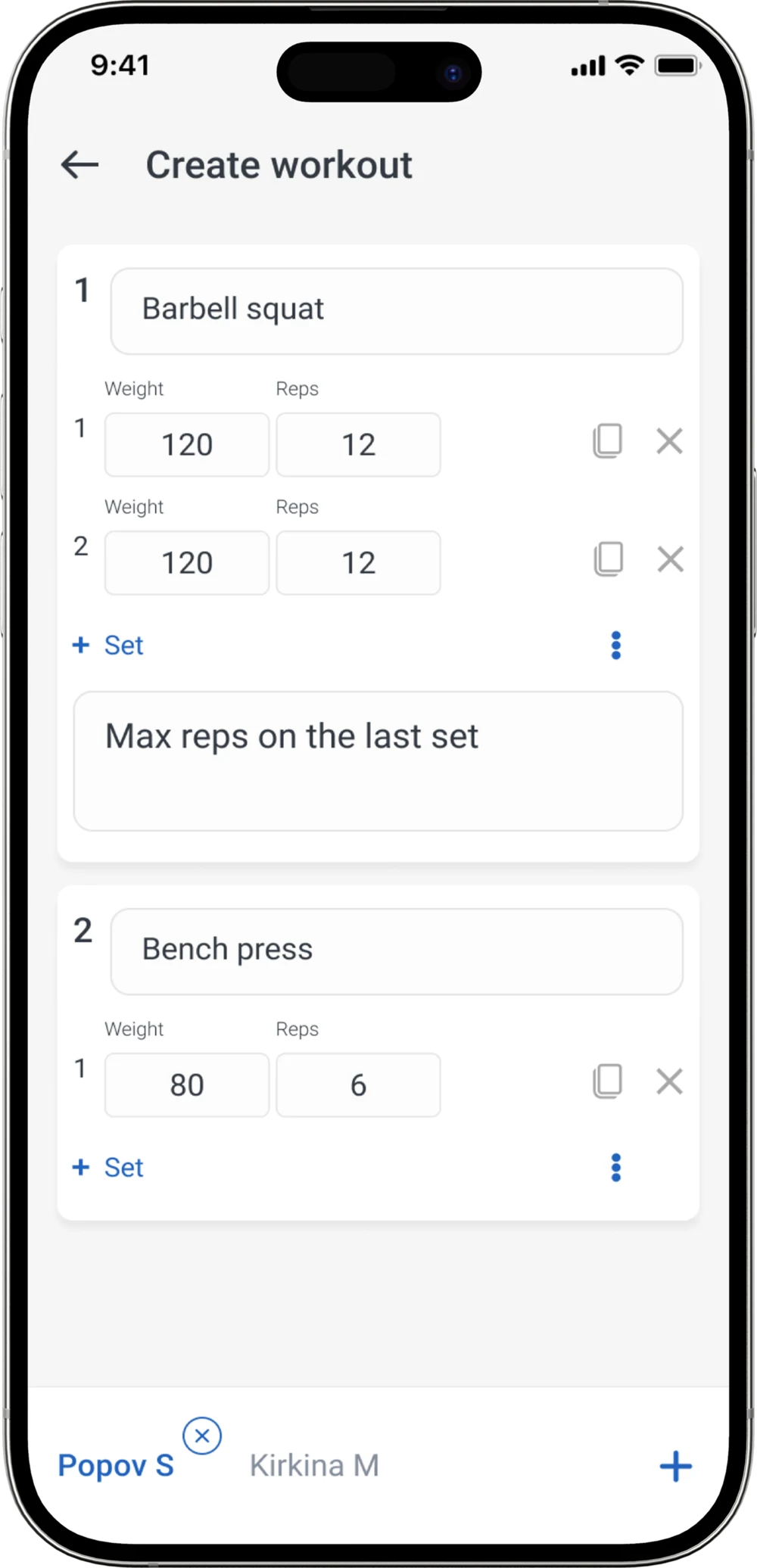 Workout plan creation in Trainistry
