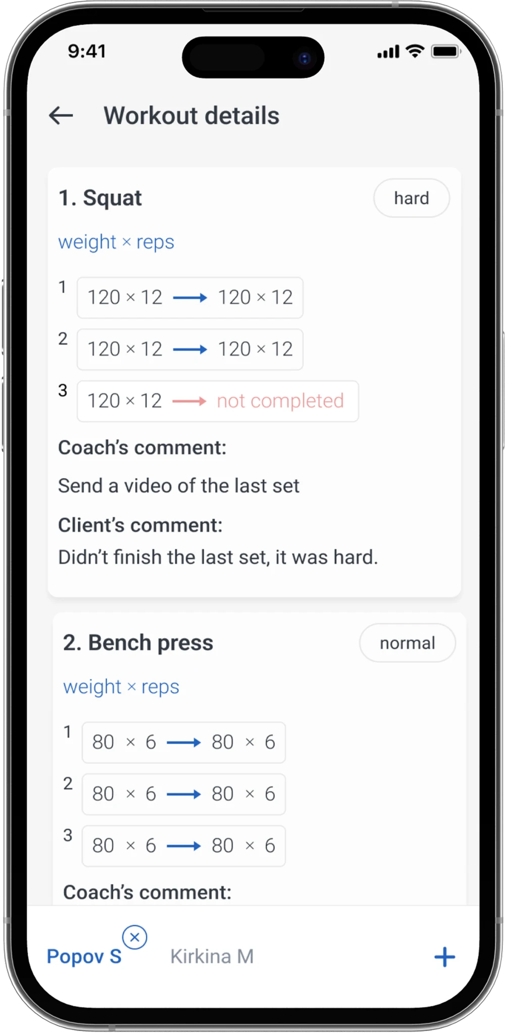 Workout details for trainers in Trainistry